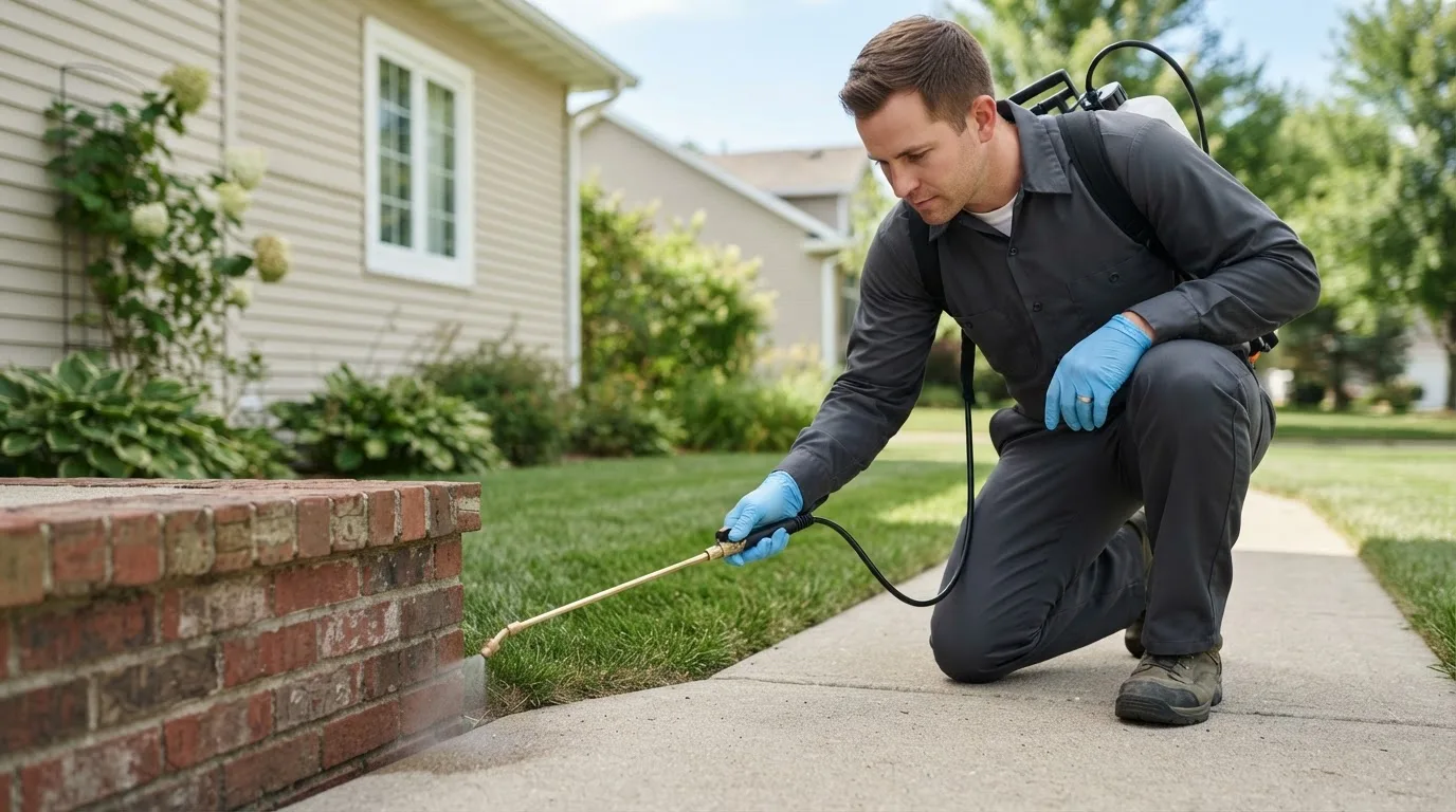 Pest control technician treating a home near Spraggs, PA