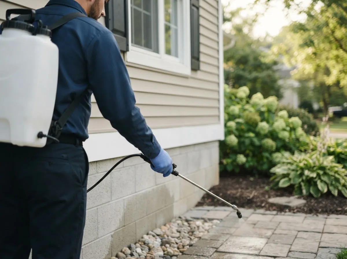 Pest control technician inspecting a home in Spraggs, PA